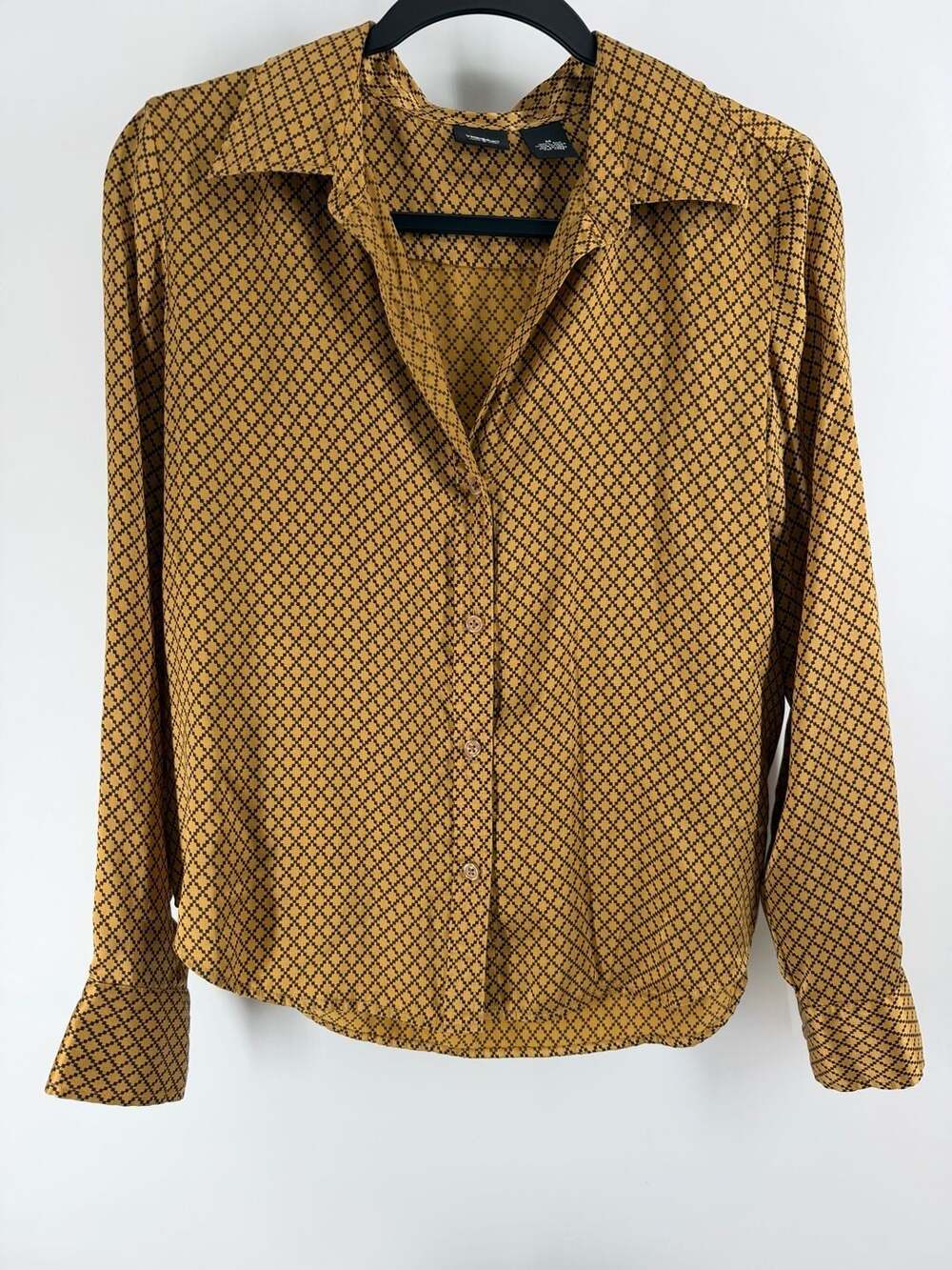 Mossimo Silk Geometric Button Front Blouse Size M Mustard Brown